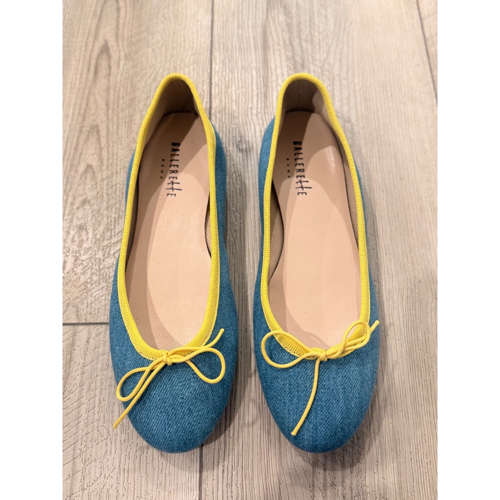 Ballerette‎ Roma Blue Denim Ballet Flats Yellow Trim Made in Italy Size 36